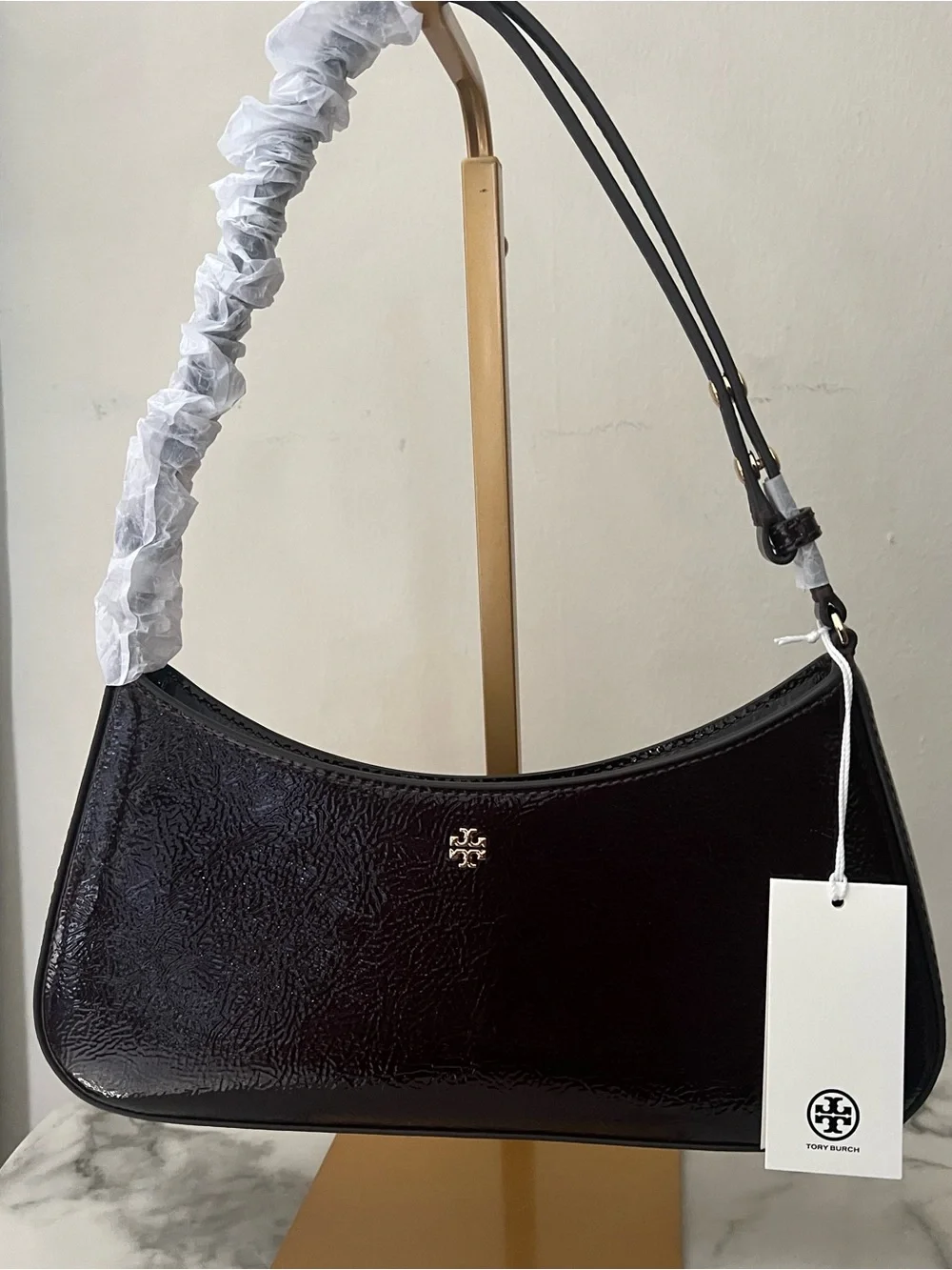 Tory Burch Burgundy Oxblood Textured Patent Shoulder Bag NWT